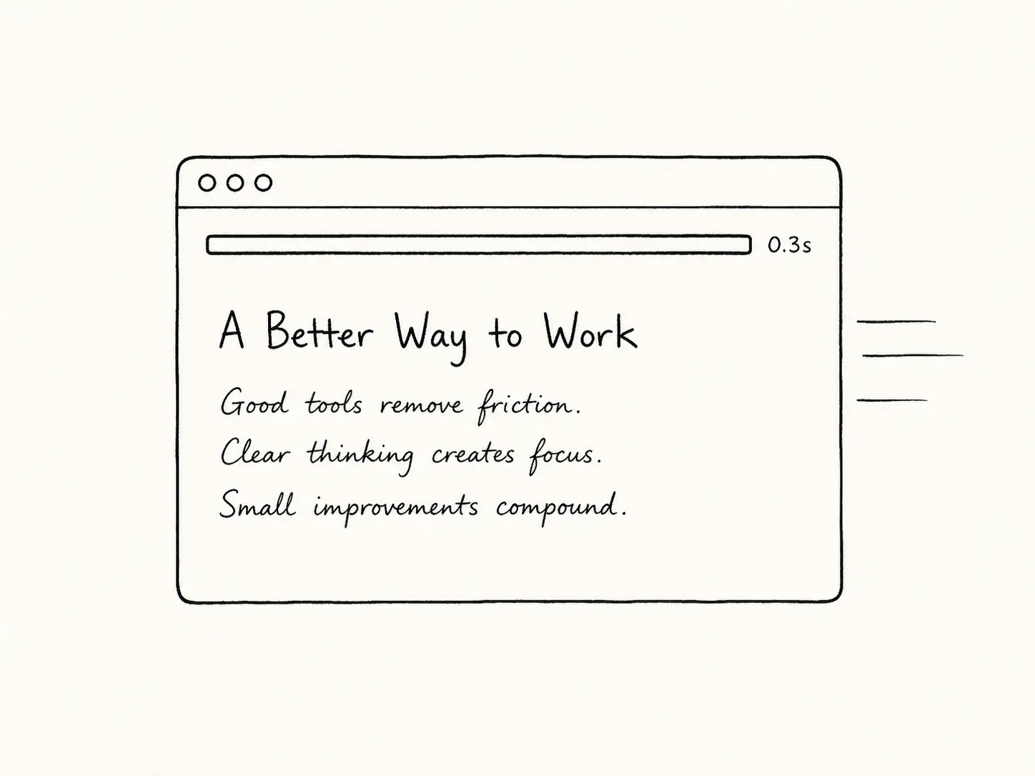 Line drawing of a browser window with a full loading bar marked 0.3s and speed lines trailing off its right edge.