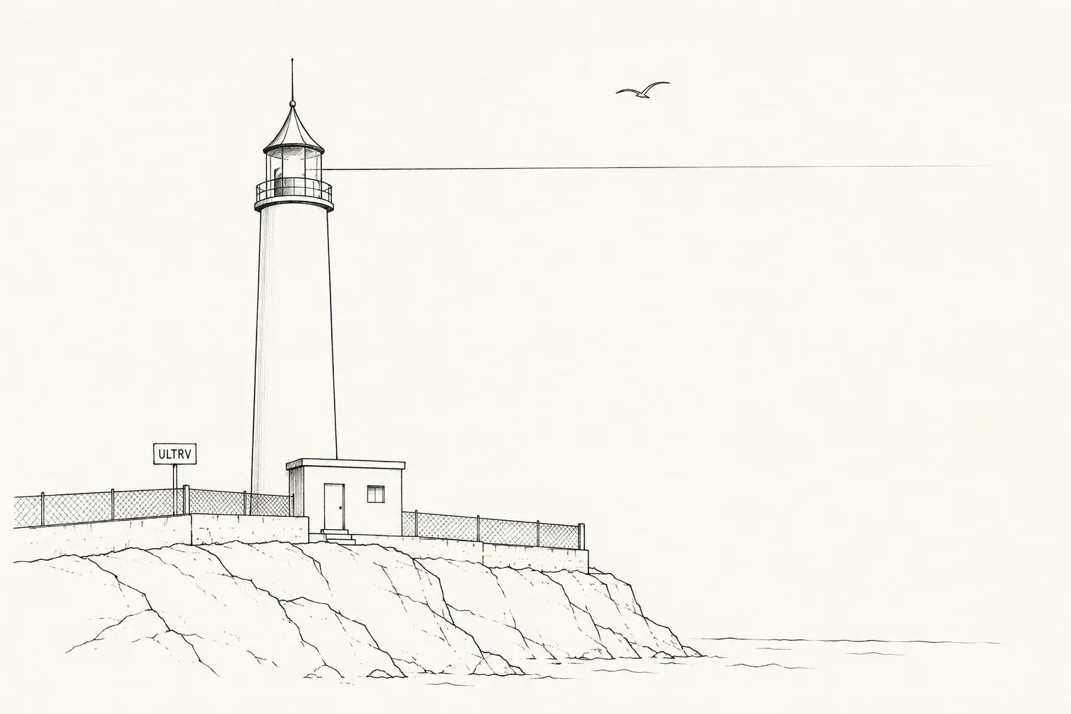 Line drawing of a lighthouse on a low cliff behind a wire fence, a small sign on the fence reading ULTRV, and a single bird crossing the empty sky.
