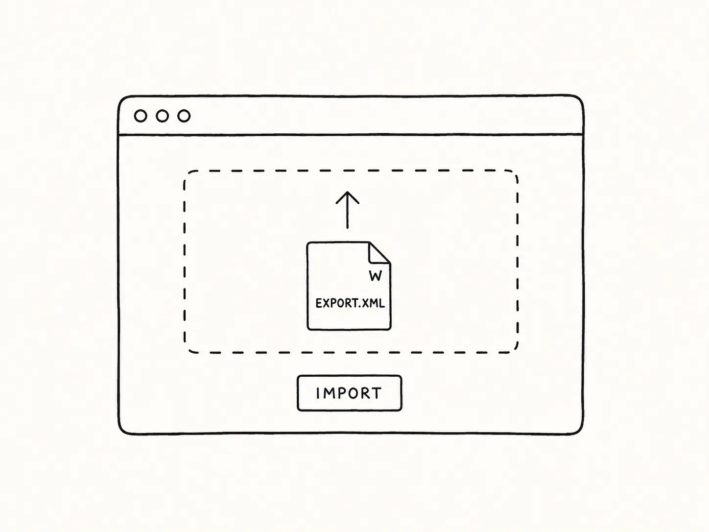 Line drawing of a browser window with a dashed drop zone, a file labelled EXPORT.XML being dragged into it, and an Import button below.