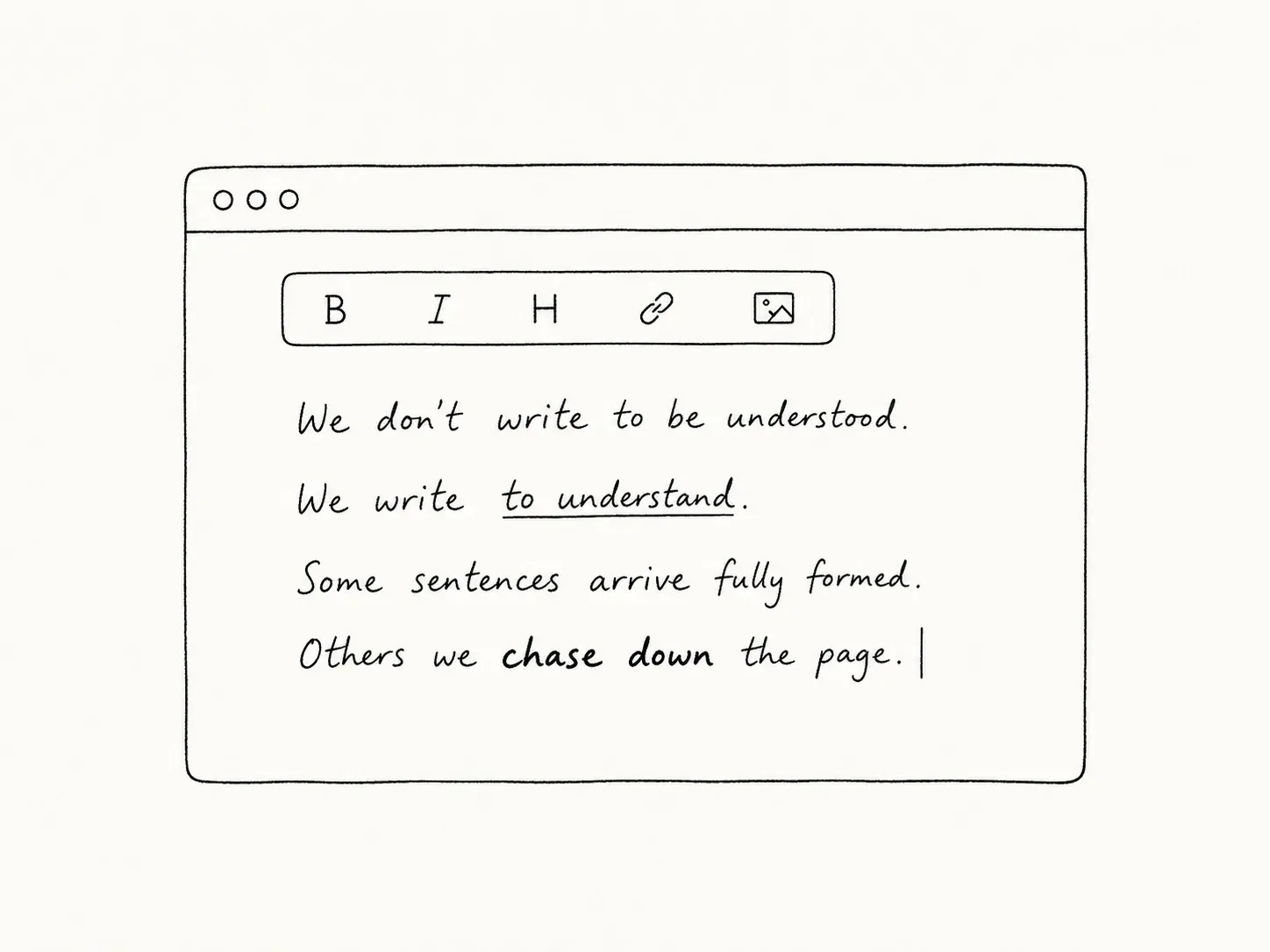 Line drawing of an editor window with a small formatting toolbar — bold, italic, heading, link, image — above four handwritten lines, one word set in bold and one underlined.