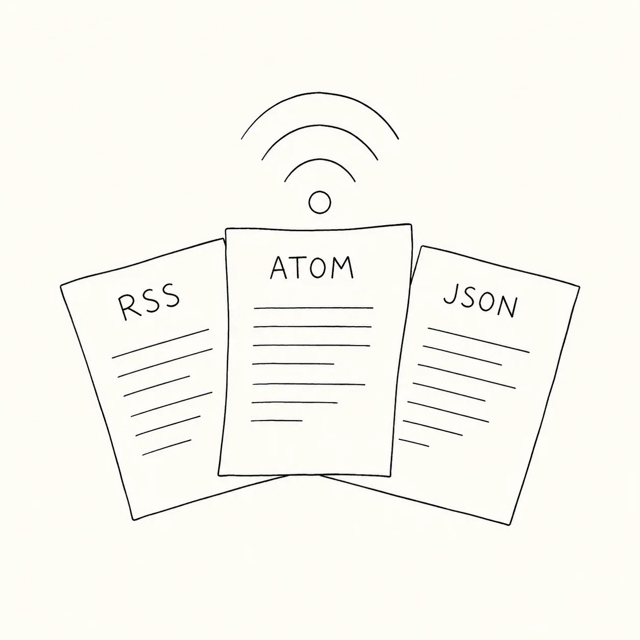 Line drawing of three sheets of paper fanned out, labelled RSS, Atom and JSON, with a broadcast arc rising above them.