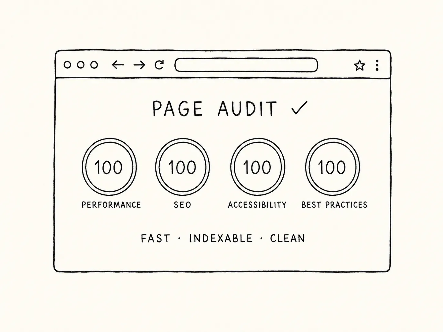Line drawing of a browser window headed Page Audit with four circled scores of 100 for performance, SEO, accessibility and best practices, above the words fast · indexable · clean.