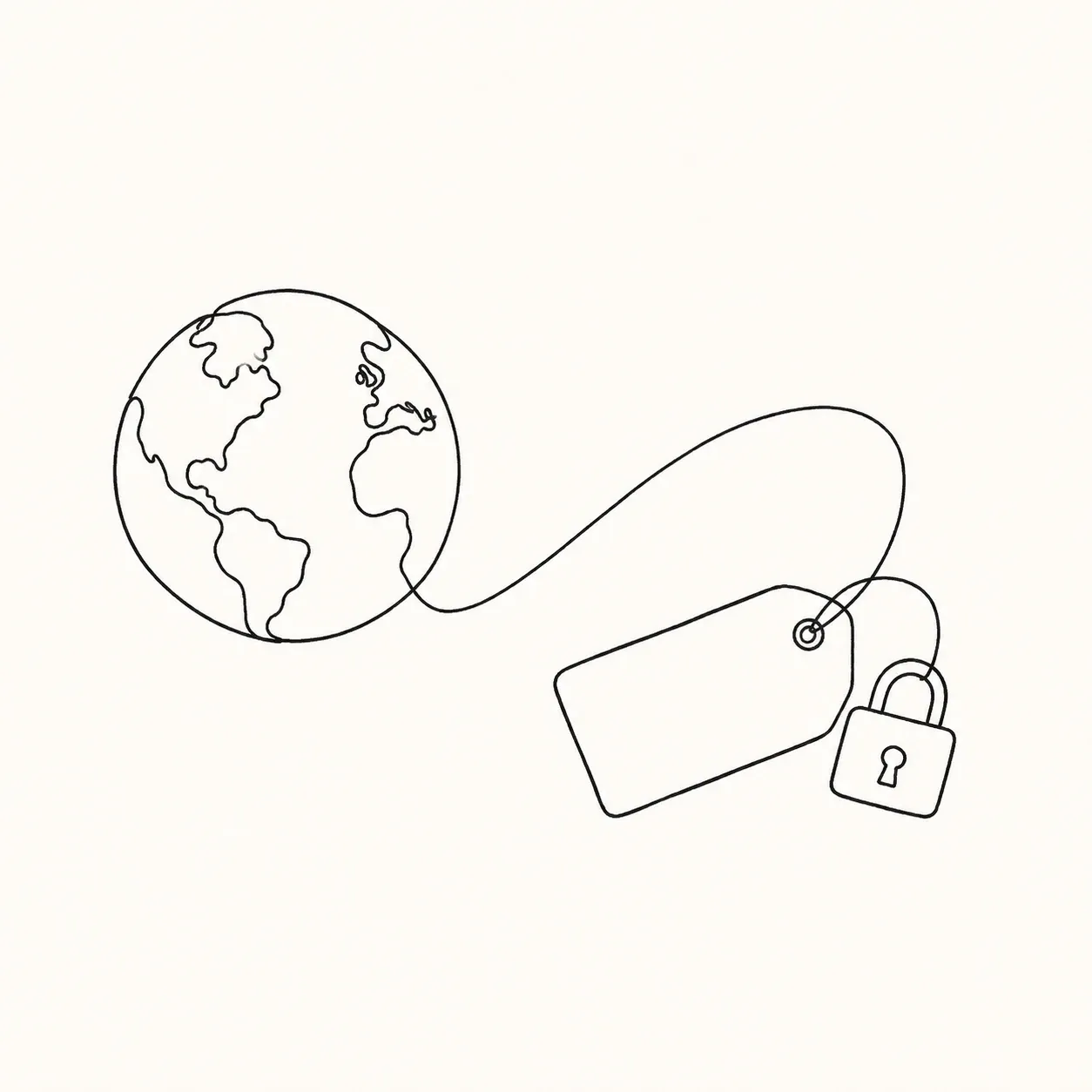 Single continuous line drawing of a globe with a line running from it to a blank luggage tag and a small padlock.