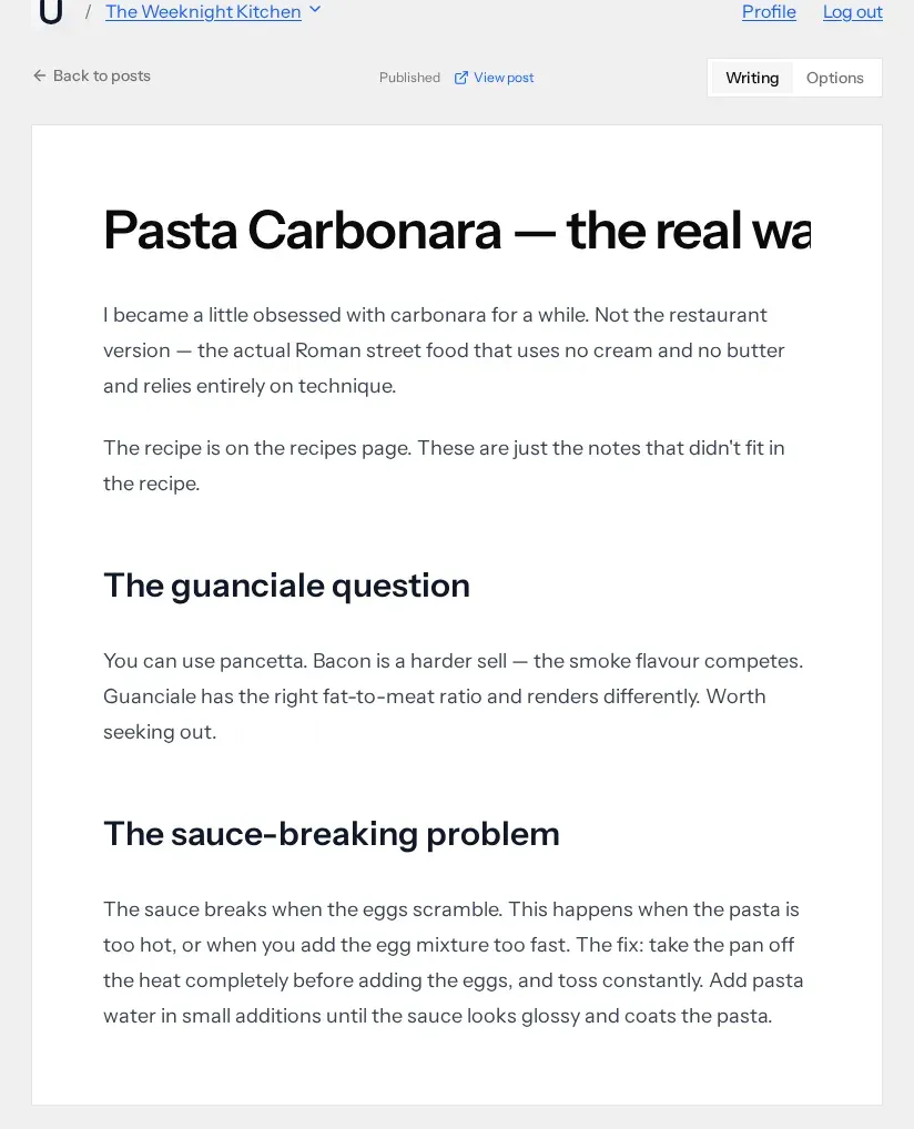 A published post open for editing on a white card: the title Pasta Carbonara — the real way in large bold type, two paragraphs, then the subheadings The guanciale question and The sauce-breaking problem with a paragraph under each. Above the card sit a Back to posts link, the word Published with a View post link, and Writing and Options tabs with Writing selected.