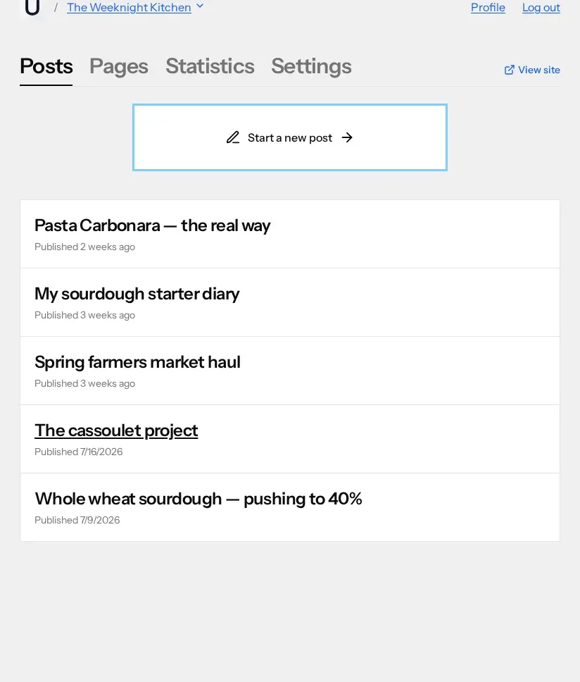 The Posts tab of a blog, with Pages, Statistics and Settings tabs beside it and a View site link at the right. A large outlined Start a new post button sits above five rows, each showing a post title in bold with a grey line under it reading when it was published.