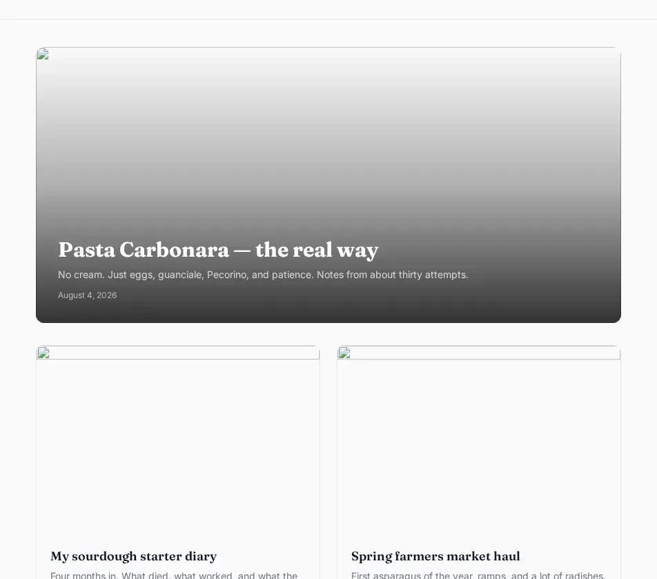 A published blog in the Editorial theme: a wide featured-post card headed “Pasta Carbonara — the real way” with a one-line summary and its date, above a two-column grid of further posts.