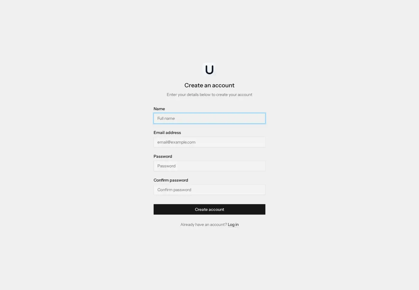 A sign-up form headed Create an account, with fields for name, email address, password, and password confirmation above a black Create account button.