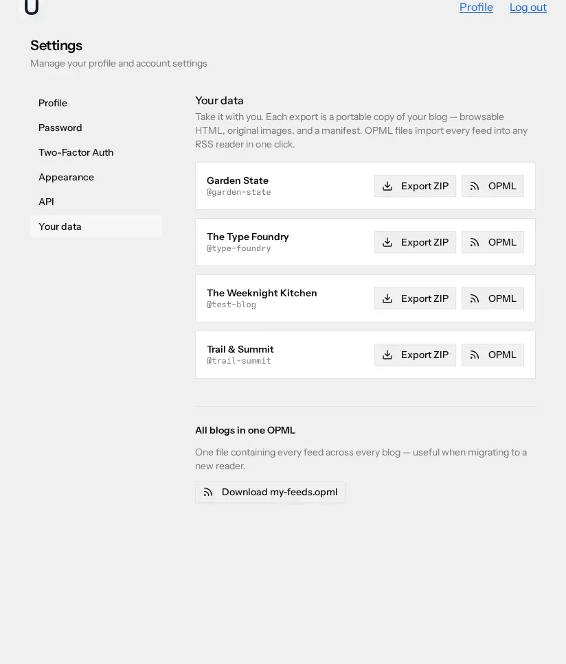 An account settings screen listing four blogs — Garden State, The Type Foundry, The Weeknight Kitchen, and Trail & Summit — each with Export ZIP and OPML buttons, and a Download my-feeds.opml button below.