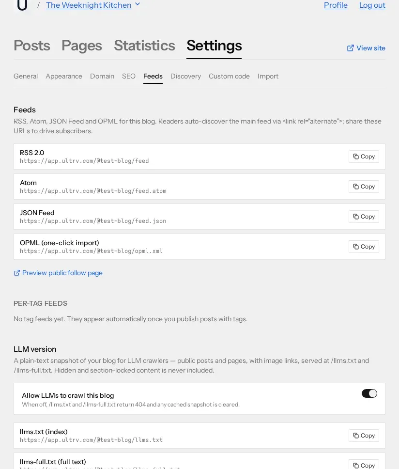 The Feeds tab listing four rows — RSS 2.0, Atom, JSON Feed and OPML — each with its full URL and a Copy button, a link reading Preview public follow page, an empty per-tag feeds section, and an LLM version section with a toggle switched on.