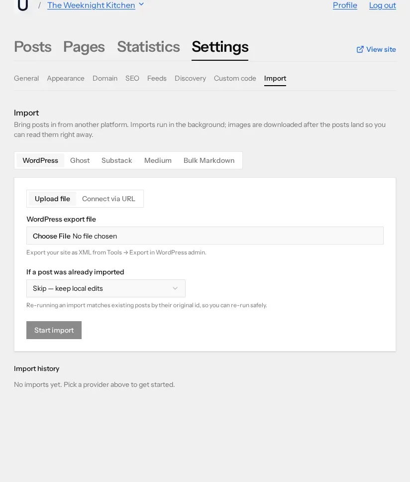 The Import tab of a blog's settings, with WordPress, Ghost, Substack, Medium and Bulk Markdown tabs across the top, an Upload file / Connect via URL switch, a file picker labelled WordPress export file, a duplicate-handling dropdown reading Skip — keep local edits, and an empty import history below.