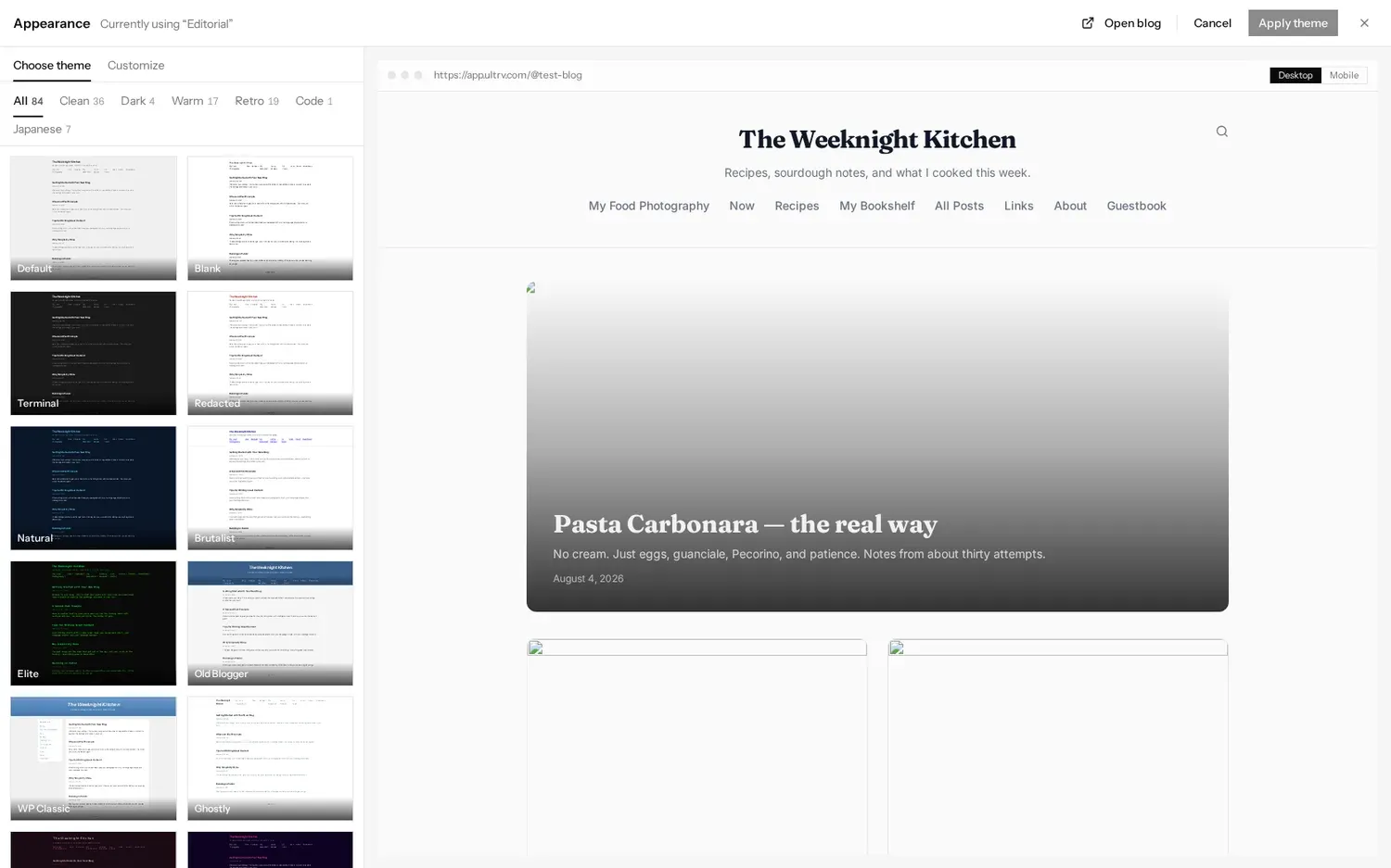 A theme picker with category filters reading All 84, Clean 36, Dark 4, Warm 17, Retro 19, Code 1 and Japanese 7 above a two-column grid of labelled theme thumbnails, next to a live preview of the blog with Desktop and Mobile toggles.