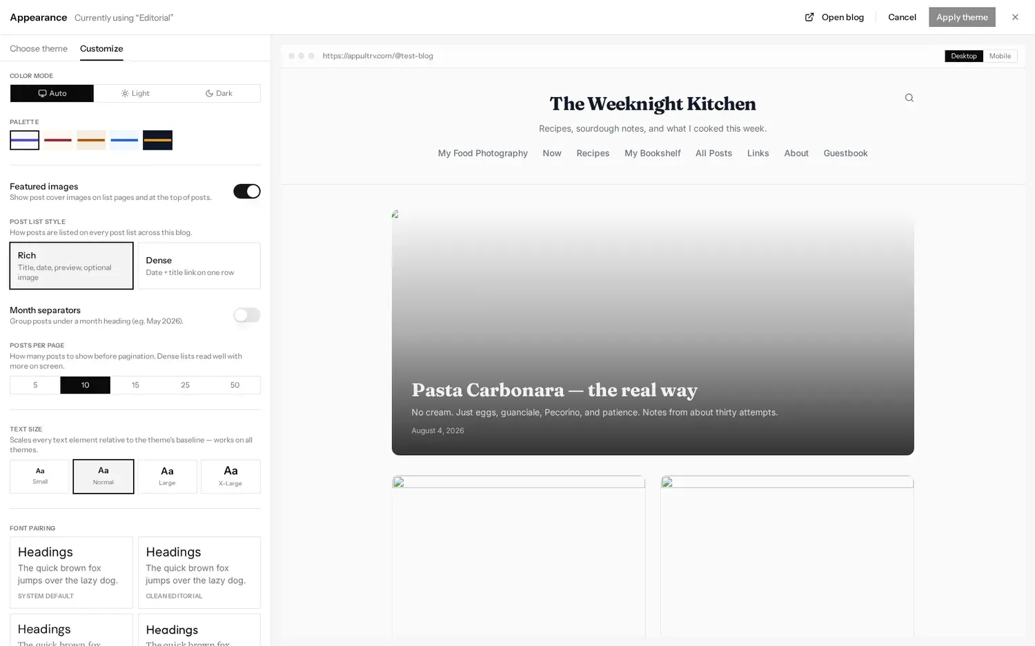 A customisation rail with colour mode set to Auto, a row of five palette swatches, a Featured images toggle, Rich and Dense post list styles, posts-per-page choices of 5 to 50, four text sizes, and font pairing samples.