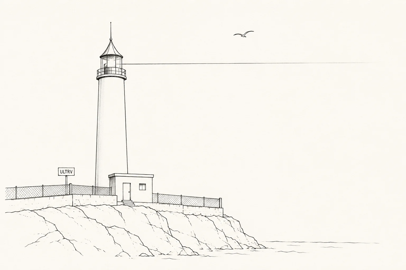 Pen-and-ink illustration of a lighthouse on a small cliff. A sign on the fence reads ULTRV. A single bird crosses the sky overhead.
